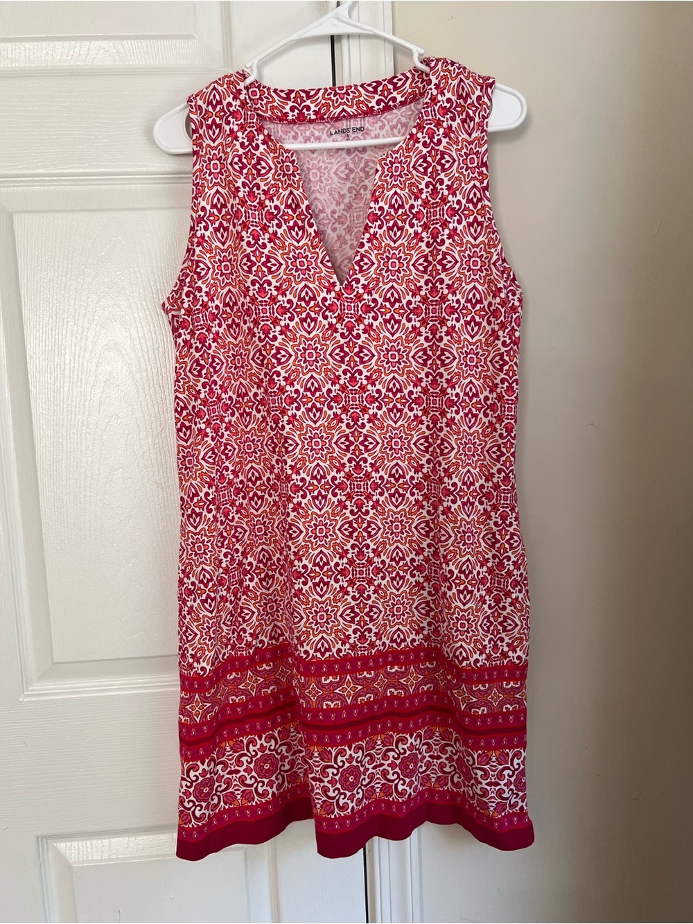 Lands’ End Pink & White Boho Bohemian Geometric Mini Shift Dress Small